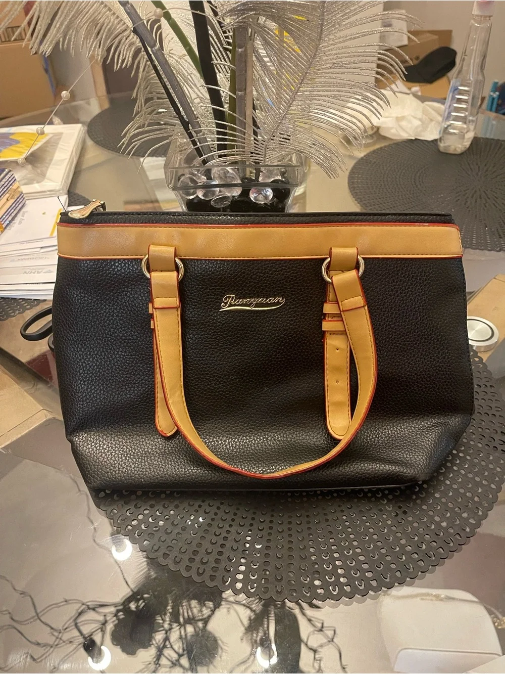 Ramayson Two-Tone Pebbled Leather Tote - Black & Tan